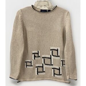 Liz‎ Claiborne Crazy Horse Sweater Women's Medium Petite Beige Embroidered Front